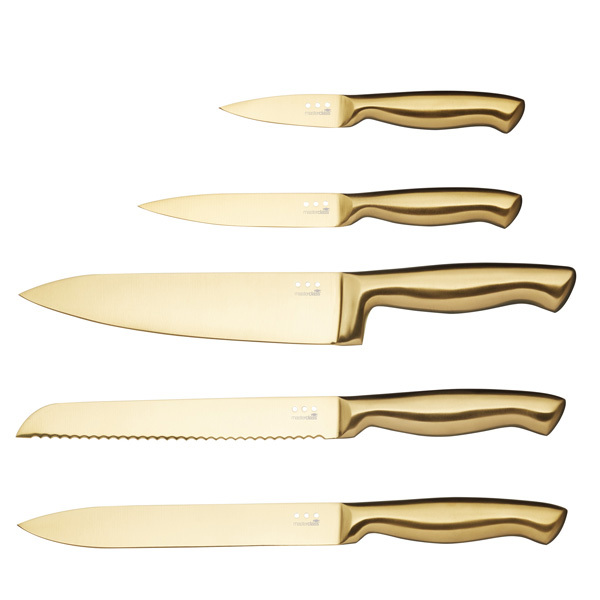 MasterClass Wooden Block with 5 Brass-Style KnivesImage