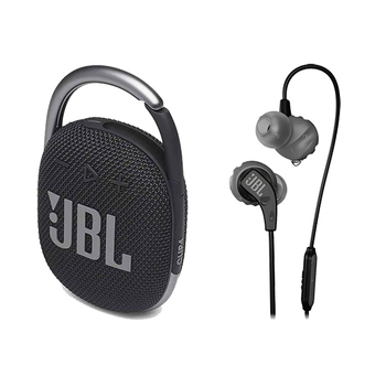 JBL Clip 4 Wireless Speaker (Black) & Endurance Headphones (Black) Combo