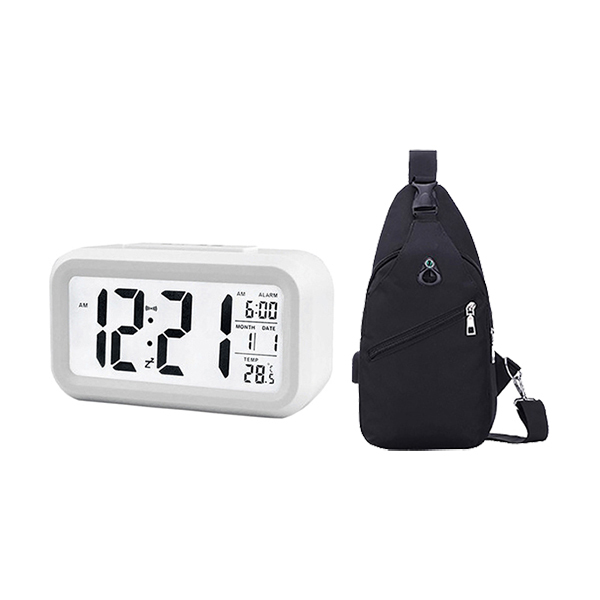 La Cruise Digital Alarm Clock (White) & USB Sling Bag (Black) ComboImage