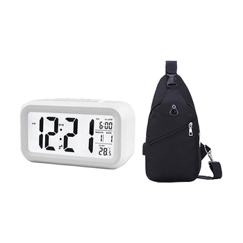 La Cruise Digital Alarm Clock (White) & USB Sling Bag (Black) Combo
