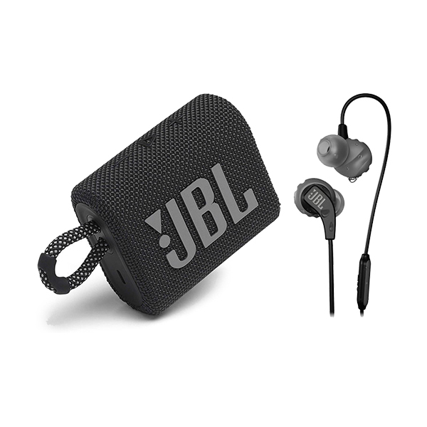 JBL Go 3 Wireless Speaker (Black) & Endurance Run Headphones (Black) ComboImage